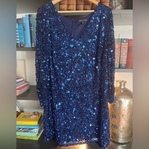 Aidan Maddox sequin long sleeve cocktail dress Vneck ruched sleeve
